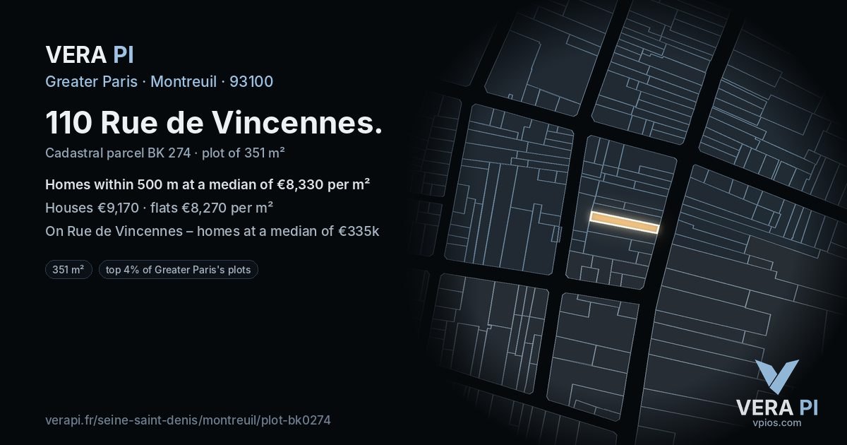 110 Rue de Vincennes, Montreuil at night – the plot lit, the parcels around coloured by the prices near them