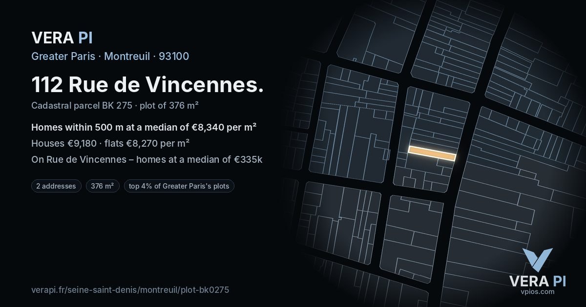 112 Rue de Vincennes, Montreuil at night – the plot lit, the parcels around coloured by the prices near them