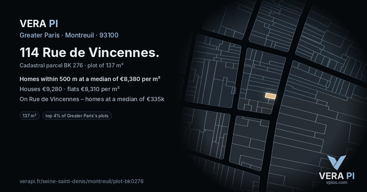 114 Rue de Vincennes, Montreuil at night – the plot lit, the parcels around coloured by the prices near them
