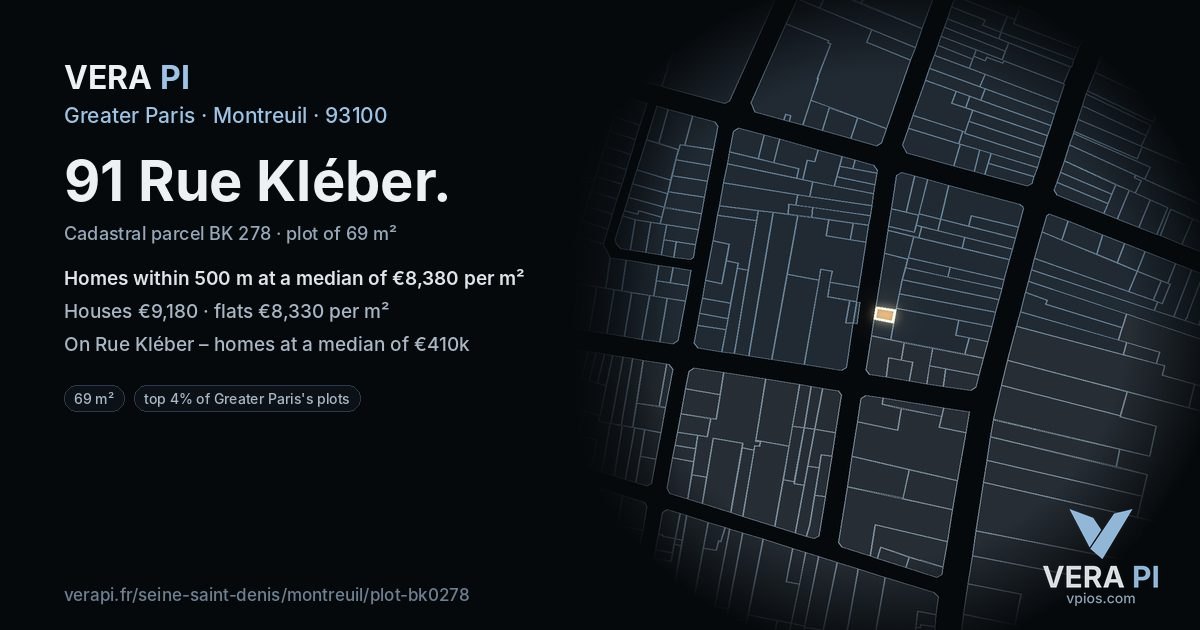 91 Rue Kléber, Montreuil at night – the plot lit, the parcels around coloured by the prices near them
