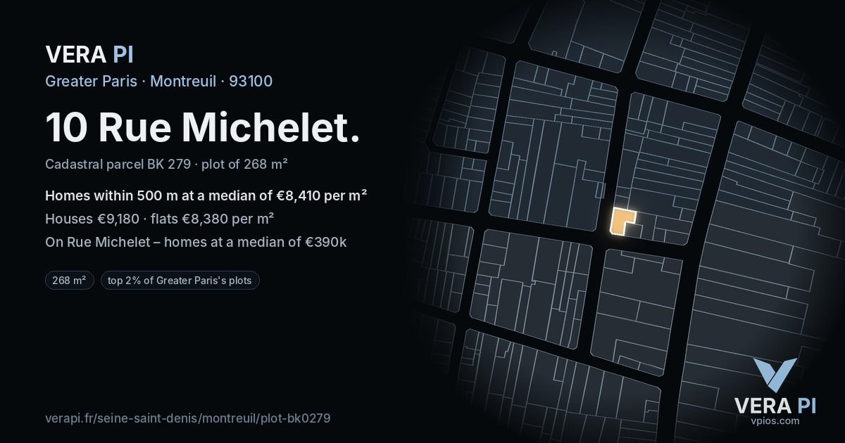 10 Rue Michelet, Montreuil at night – the plot lit, the parcels around coloured by the prices near them