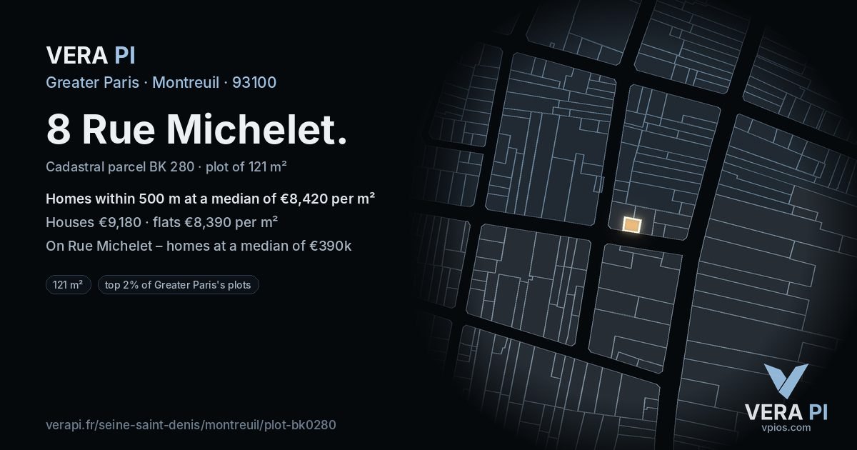 8 Rue Michelet, Montreuil at night – the plot lit, the parcels around coloured by the prices near them