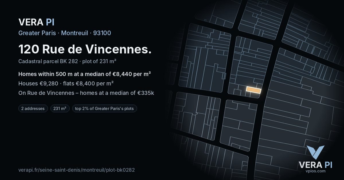 120 Rue de Vincennes, Montreuil at night – the plot lit, the parcels around coloured by the prices near them