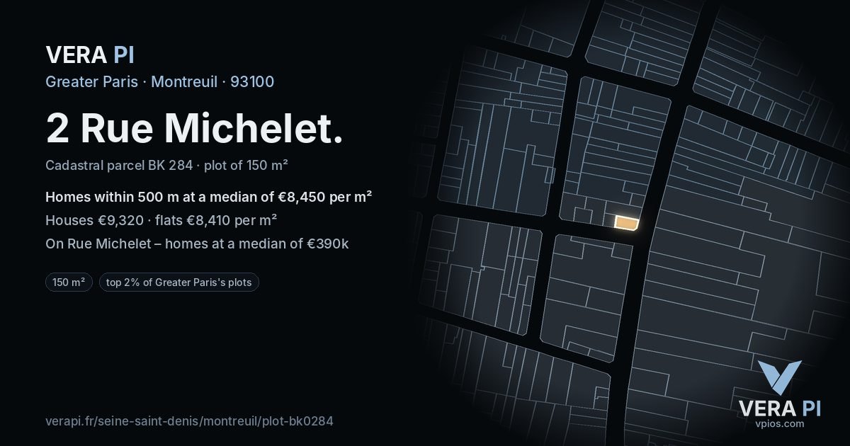 2 Rue Michelet, Montreuil at night – the plot lit, the parcels around coloured by the prices near them
