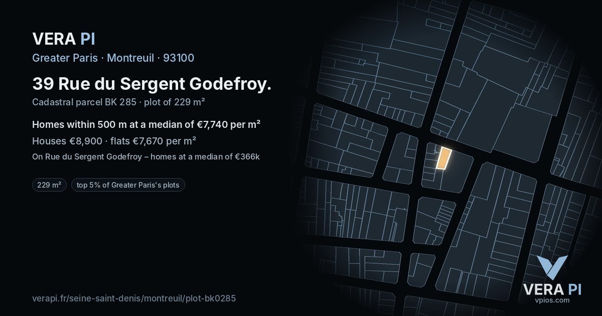 39 Rue du Sergent Godefroy, Montreuil at night – the plot lit, the parcels around coloured by the prices near them