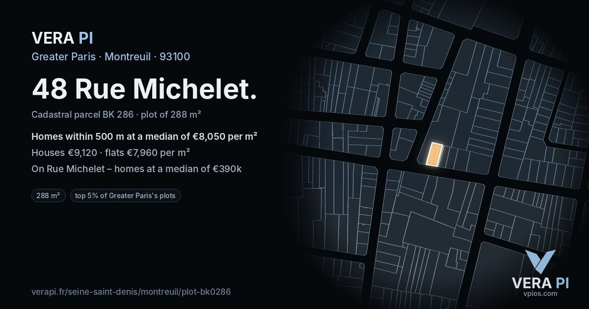 48 Rue Michelet, Montreuil at night – the plot lit, the parcels around coloured by the prices near them