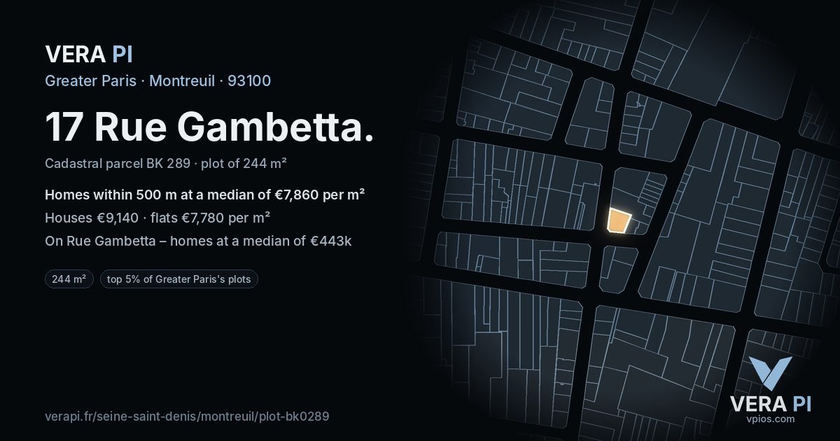 17 Rue Gambetta, Montreuil at night – the plot lit, the parcels around coloured by the prices near them