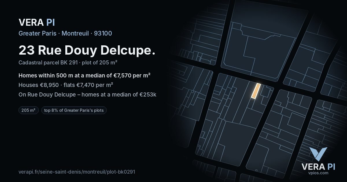 23 Rue Douy Delcupe, Montreuil at night – the plot lit, the parcels around coloured by the prices near them