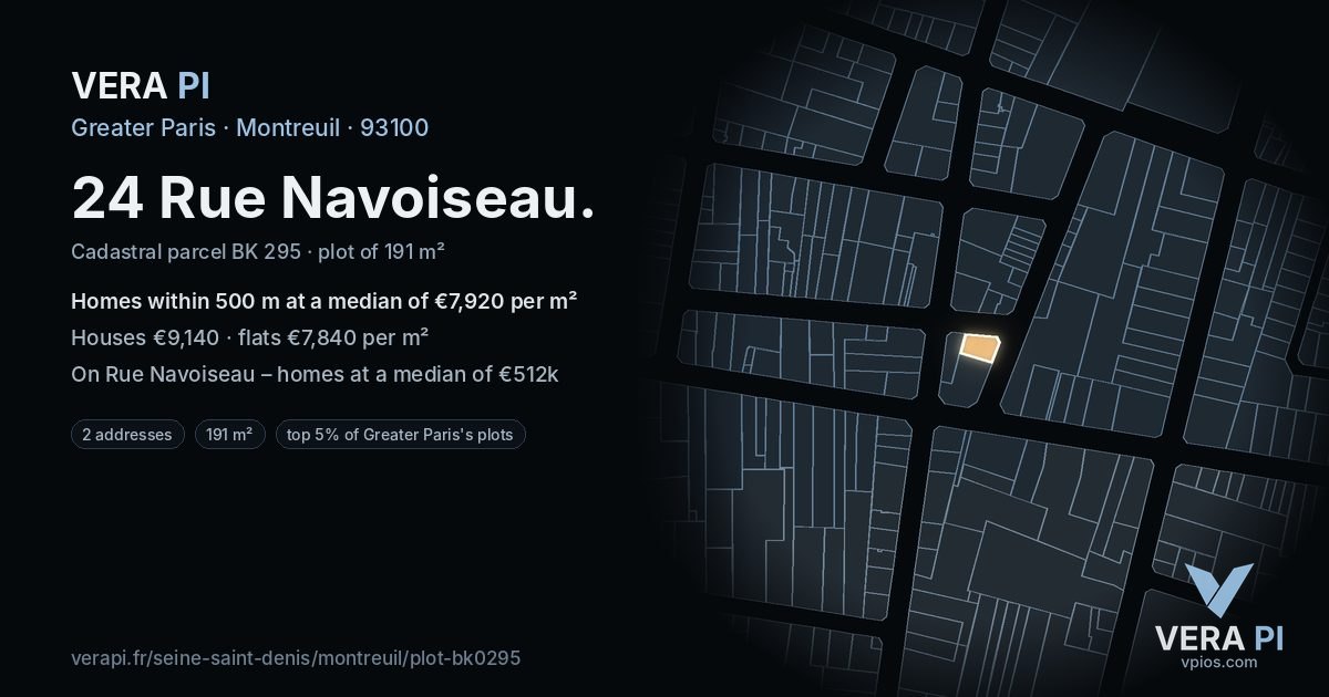 24 Rue Navoiseau, Montreuil at night – the plot lit, the parcels around coloured by the prices near them