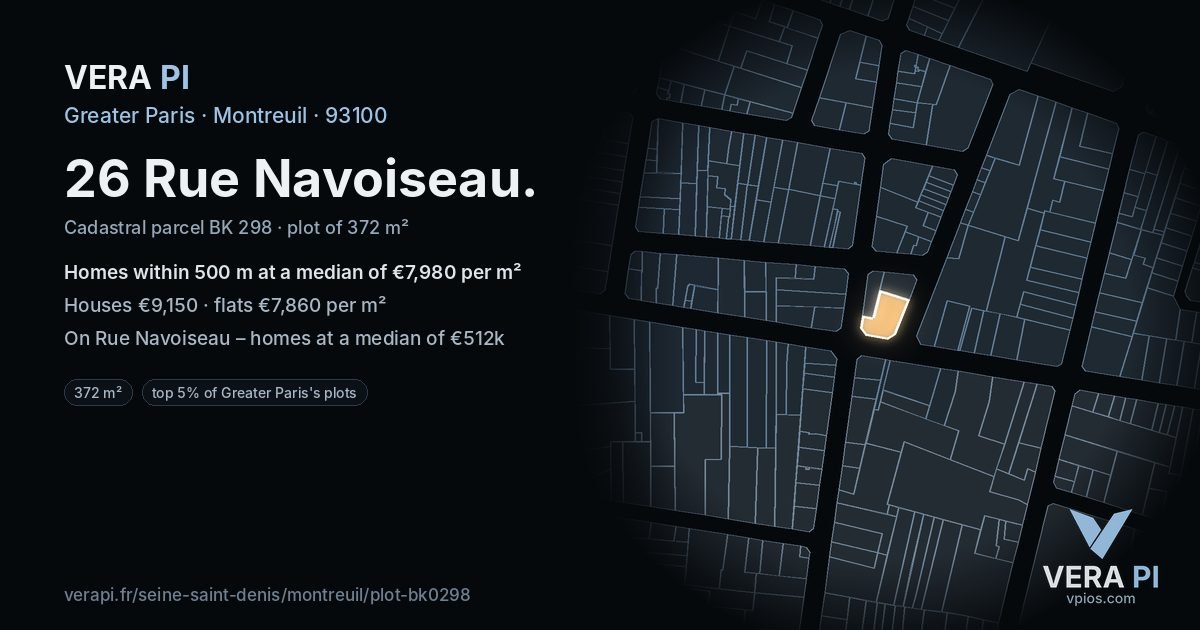 26 Rue Navoiseau, Montreuil at night – the plot lit, the parcels around coloured by the prices near them