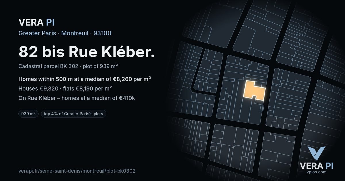 82 bis Rue Kléber, Montreuil at night – the plot lit, the parcels around coloured by the prices near them