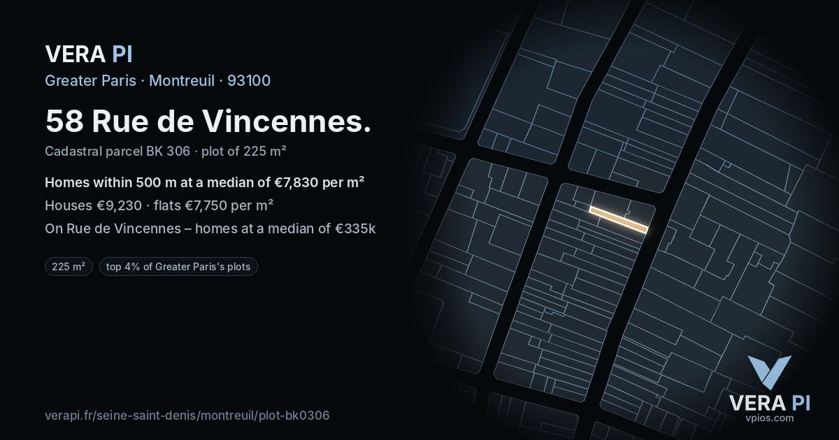 58 Rue de Vincennes, Montreuil at night – the plot lit, the parcels around coloured by the prices near them