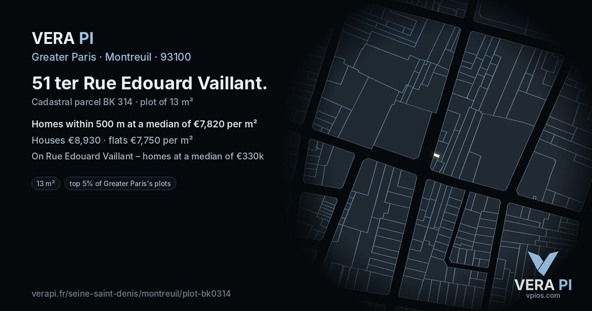 51 ter Rue Edouard Vaillant, Montreuil at night – the plot lit, the parcels around coloured by the prices near them