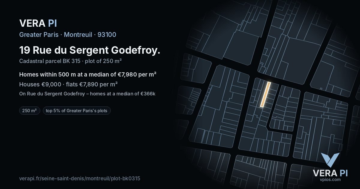 19 Rue du Sergent Godefroy, Montreuil at night – the plot lit, the parcels around coloured by the prices near them