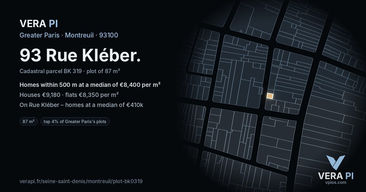 93 Rue Kléber, Montreuil at night – the plot lit, the parcels around coloured by the prices near them