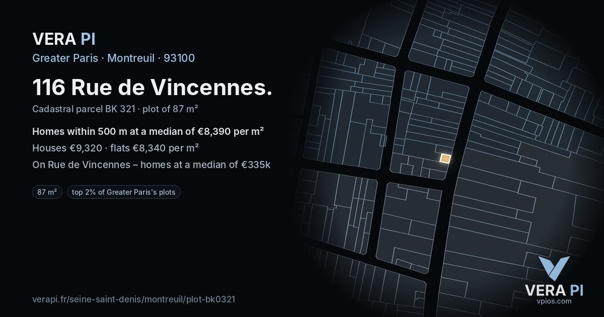 116 Rue de Vincennes, Montreuil at night – the plot lit, the parcels around coloured by the prices near them