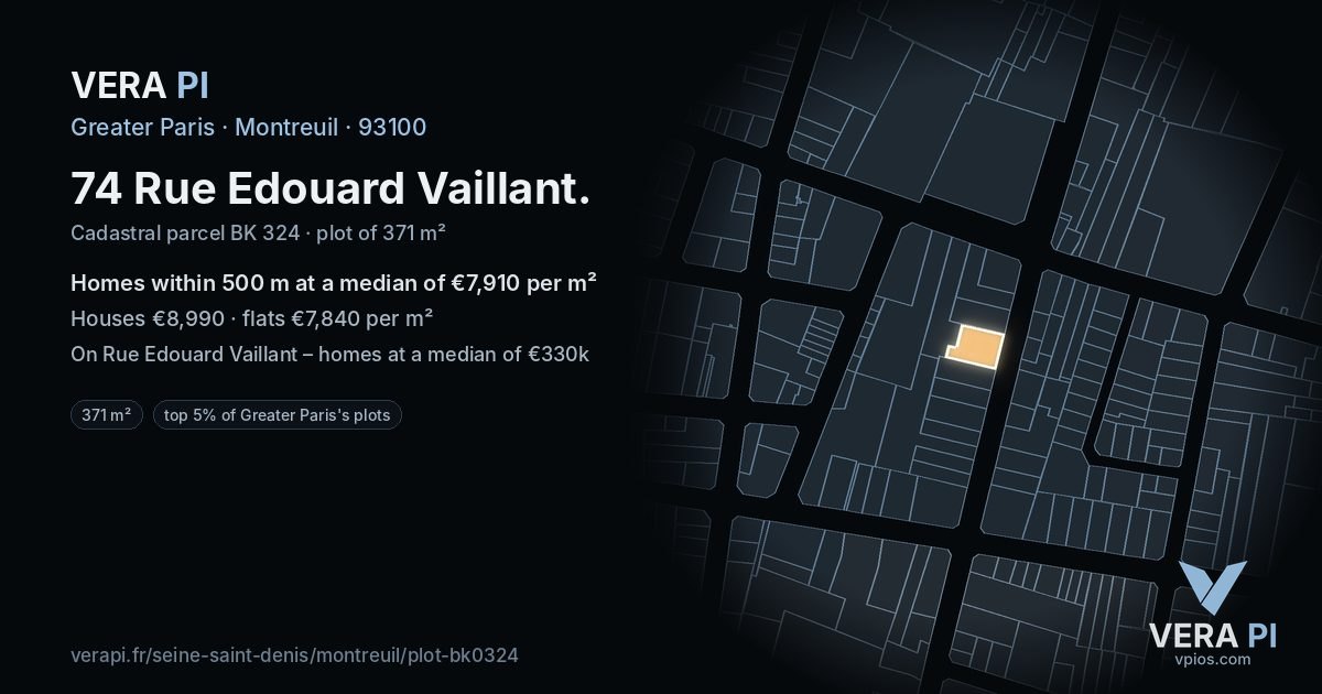74 Rue Edouard Vaillant, Montreuil at night – the plot lit, the parcels around coloured by the prices near them