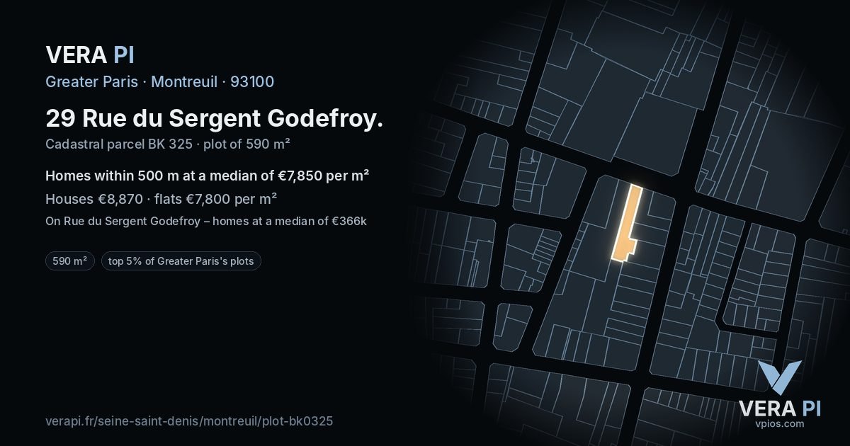 29 Rue du Sergent Godefroy, Montreuil at night – the plot lit, the parcels around coloured by the prices near them