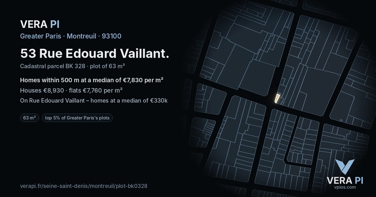 53 Rue Edouard Vaillant, Montreuil at night – the plot lit, the parcels around coloured by the prices near them
