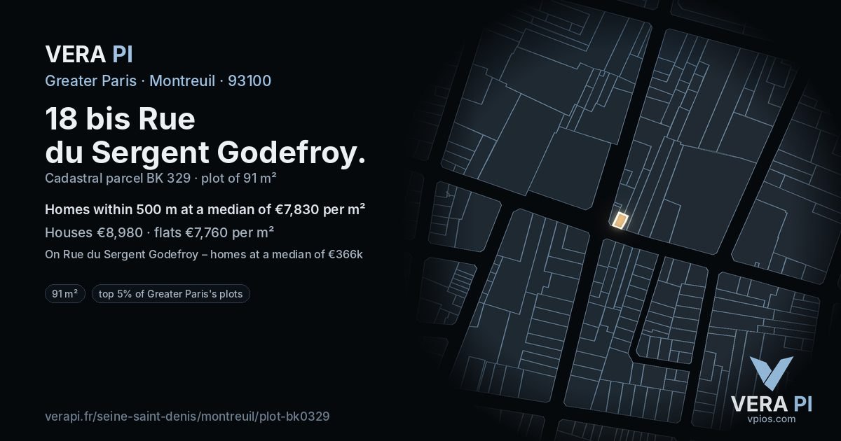 18 bis Rue du Sergent Godefroy, Montreuil at night – the plot lit, the parcels around coloured by the prices near them