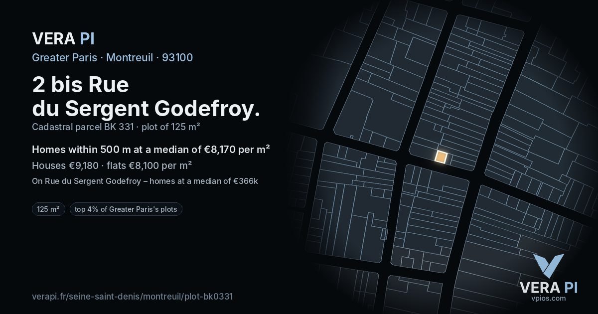 2 bis Rue du Sergent Godefroy, Montreuil at night – the plot lit, the parcels around coloured by the prices near them