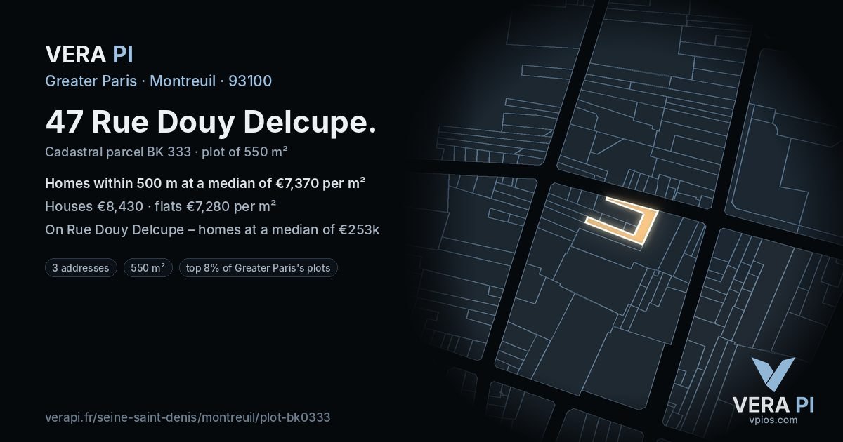 47 Rue Douy Delcupe, Montreuil at night – the plot lit, the parcels around coloured by the prices near them