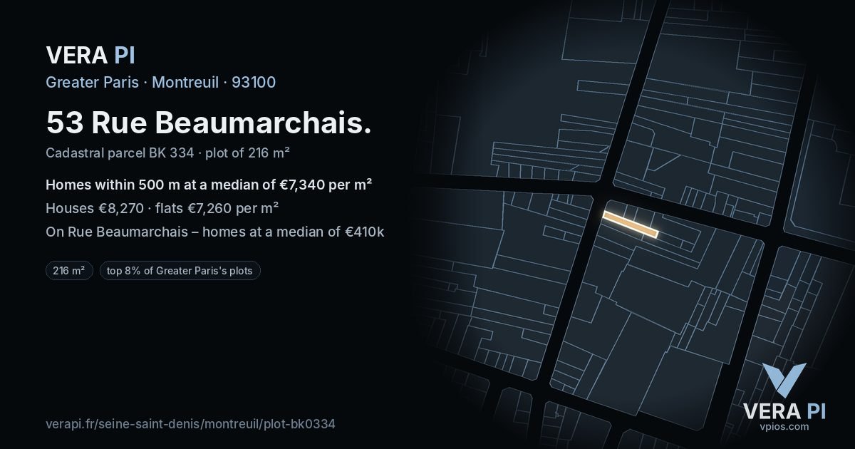 53 Rue Beaumarchais, Montreuil at night – the plot lit, the parcels around coloured by the prices near them