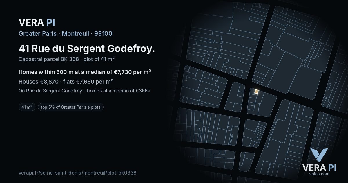 41 Rue du Sergent Godefroy, Montreuil at night – the plot lit, the parcels around coloured by the prices near them