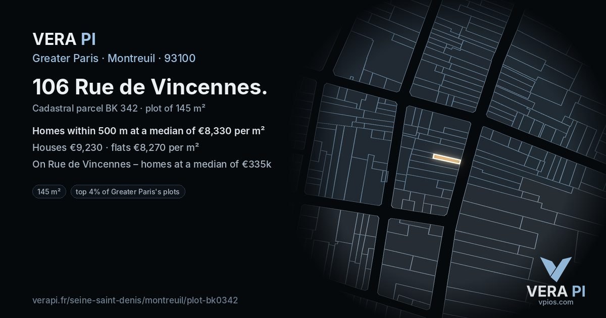 106 Rue de Vincennes, Montreuil at night – the plot lit, the parcels around coloured by the prices near them