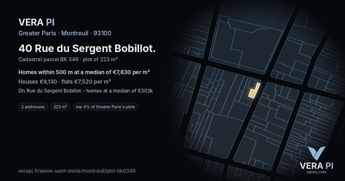 40 Rue du Sergent Bobillot, Montreuil at night – the plot lit, the parcels around coloured by the prices near them