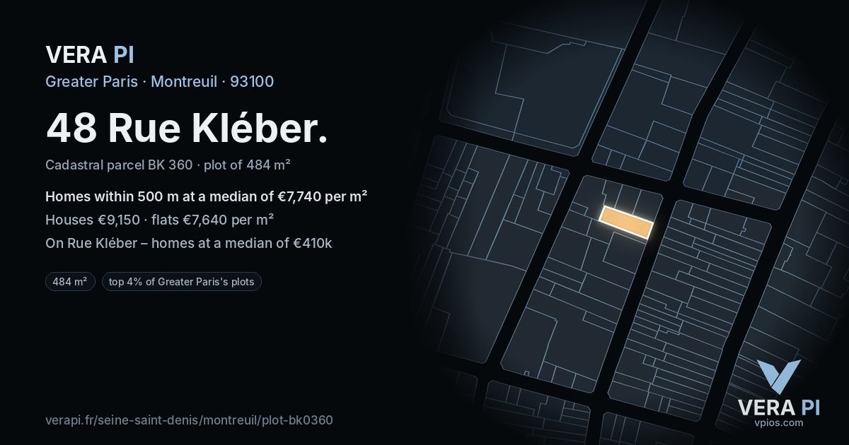 48 Rue Kléber, Montreuil at night – the plot lit, the parcels around coloured by the prices near them