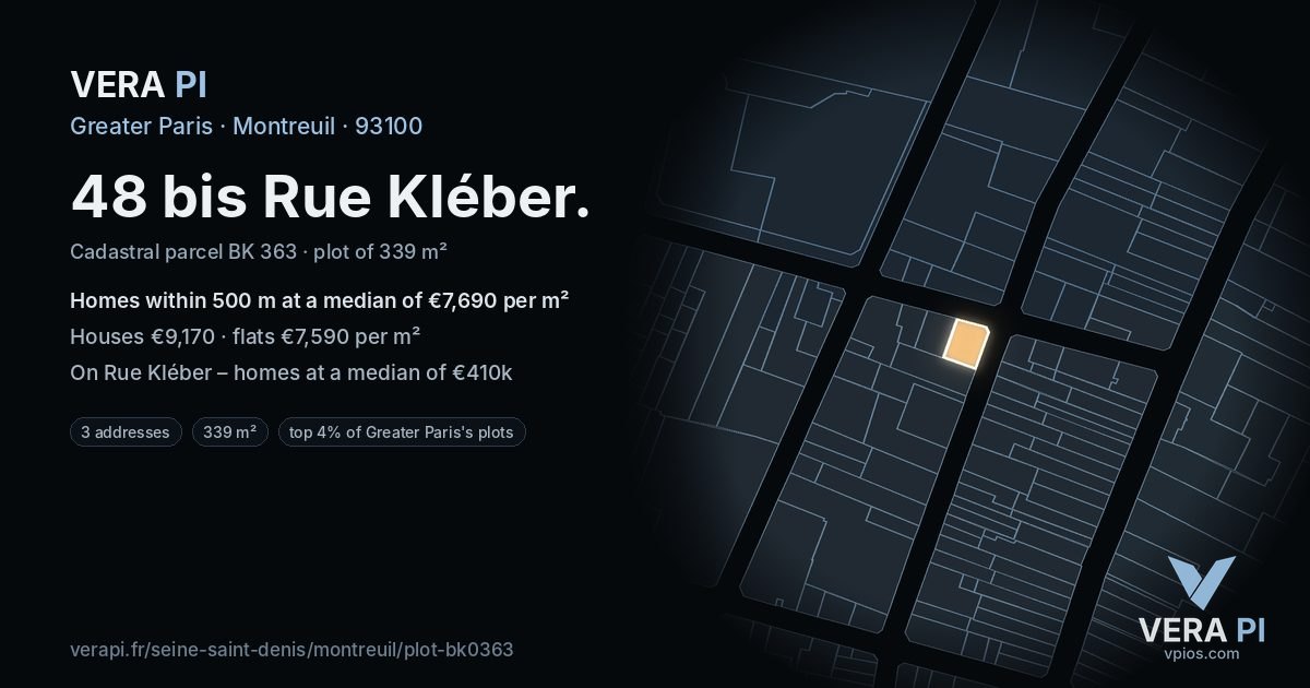 48 bis Rue Kléber, Montreuil at night – the plot lit, the parcels around coloured by the prices near them
