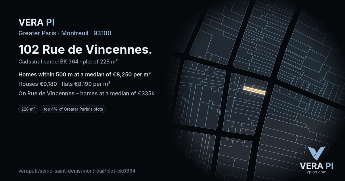 102 Rue de Vincennes, Montreuil at night – the plot lit, the parcels around coloured by the prices near them