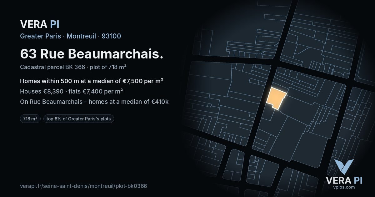63 Rue Beaumarchais, Montreuil at night – the plot lit, the parcels around coloured by the prices near them
