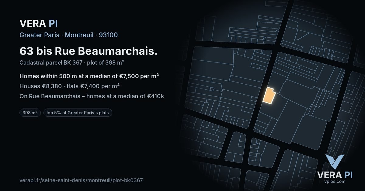 63 bis Rue Beaumarchais, Montreuil at night – the plot lit, the parcels around coloured by the prices near them