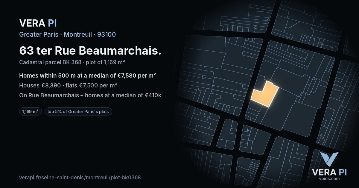 63 ter Rue Beaumarchais, Montreuil at night – the plot lit, the parcels around coloured by the prices near them