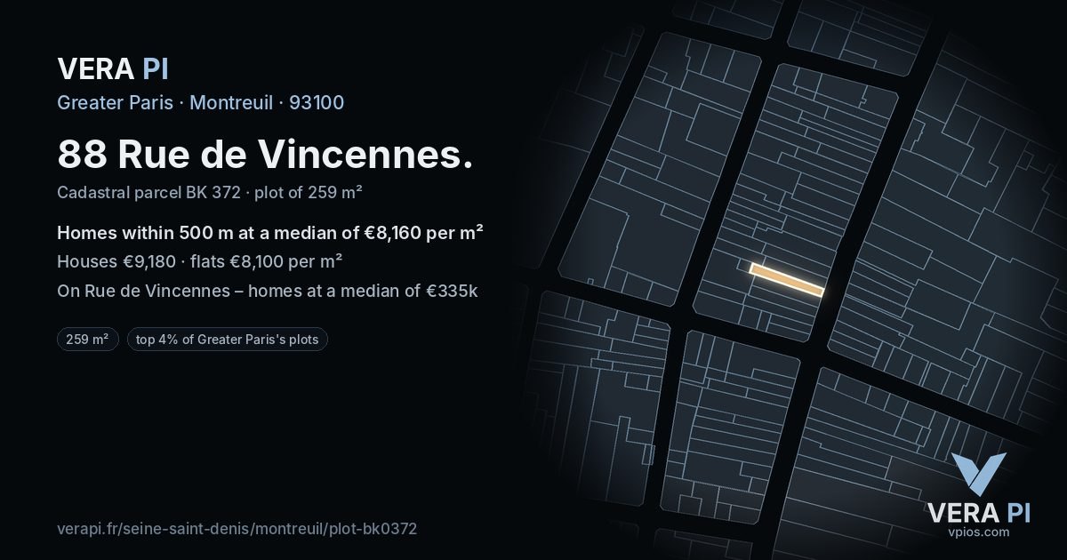 88 Rue de Vincennes, Montreuil at night – the plot lit, the parcels around coloured by the prices near them