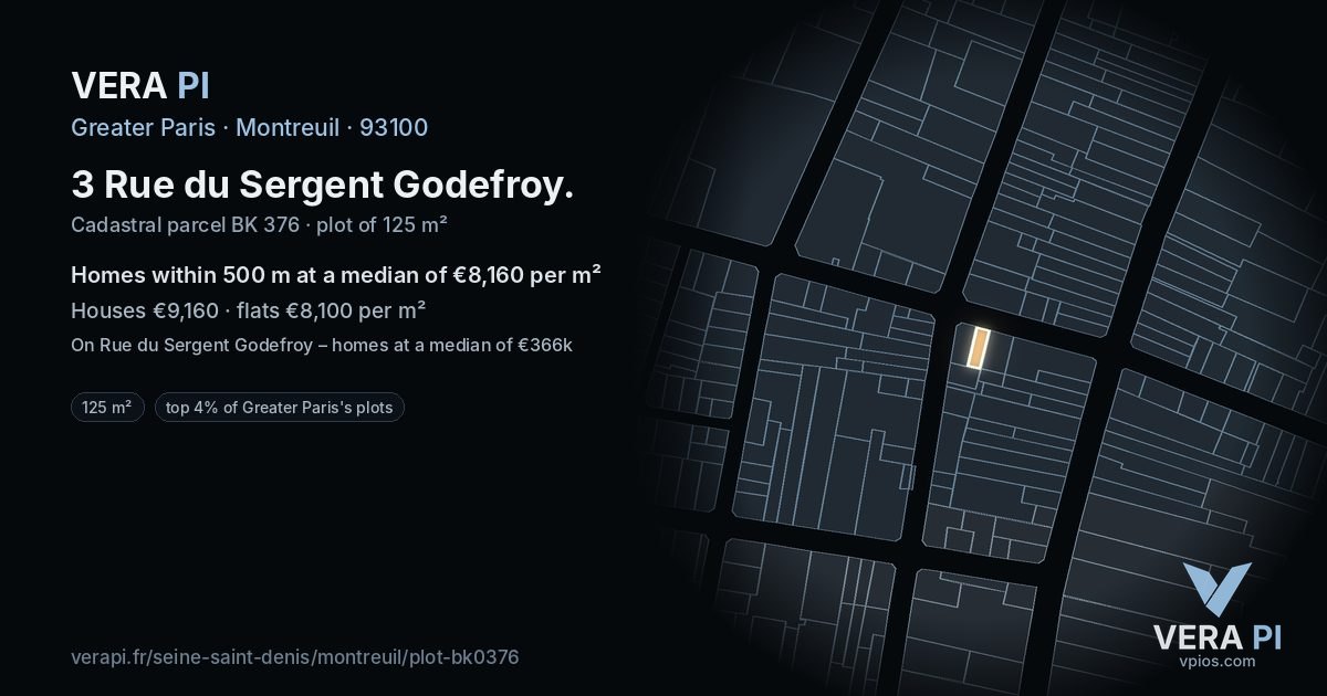 3 Rue du Sergent Godefroy, Montreuil at night – the plot lit, the parcels around coloured by the prices near them