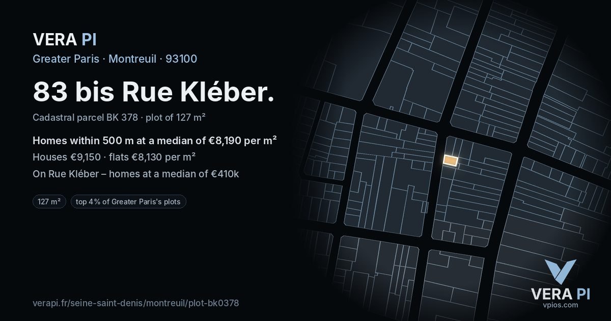 83 bis Rue Kléber, Montreuil at night – the plot lit, the parcels around coloured by the prices near them