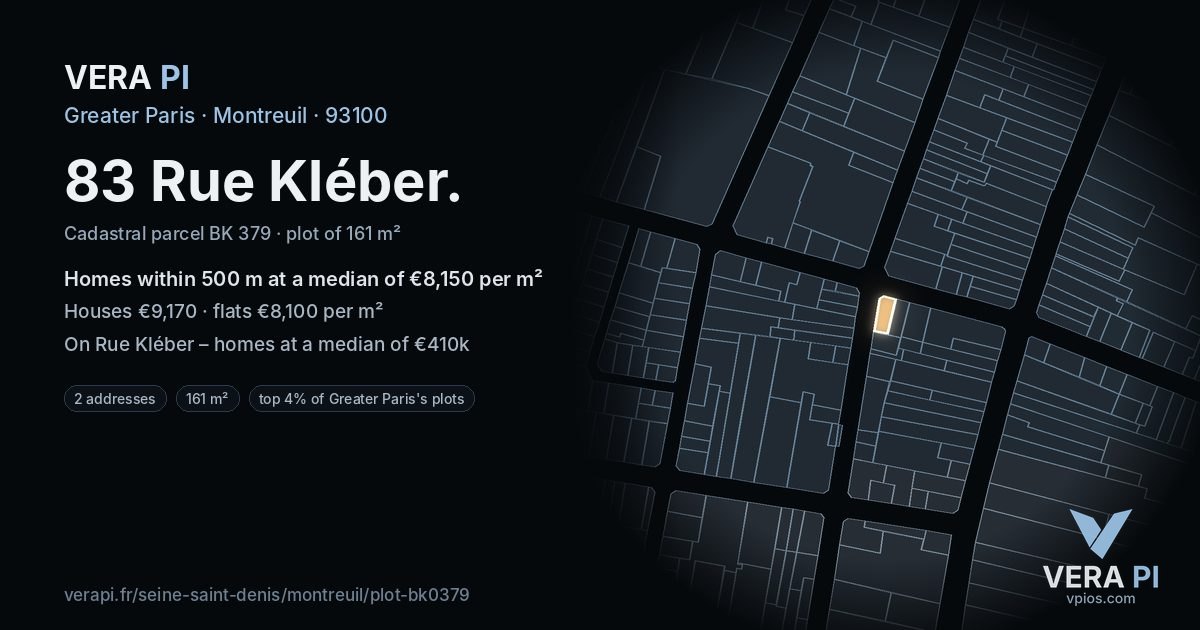 83 Rue Kléber, Montreuil at night – the plot lit, the parcels around coloured by the prices near them