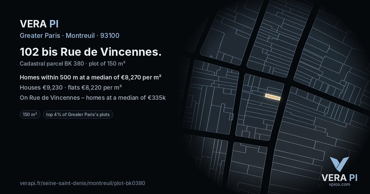 102 bis Rue de Vincennes, Montreuil at night – the plot lit, the parcels around coloured by the prices near them