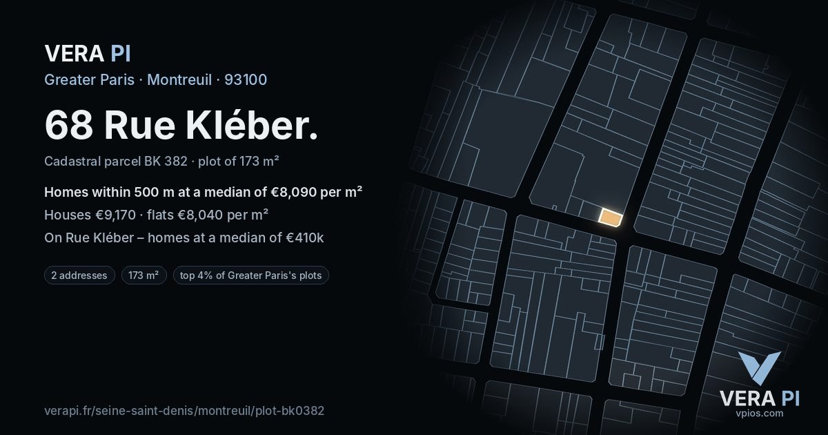 68 Rue Kléber, Montreuil at night – the plot lit, the parcels around coloured by the prices near them