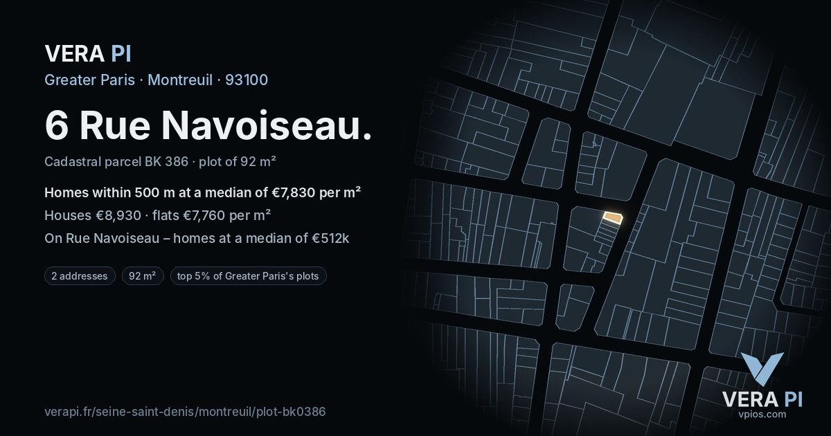 6 Rue Navoiseau, Montreuil at night – the plot lit, the parcels around coloured by the prices near them