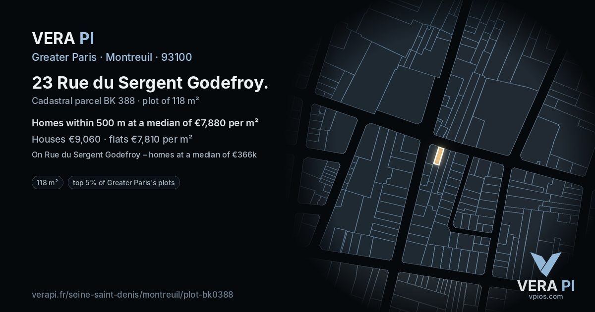 23 Rue du Sergent Godefroy, Montreuil at night – the plot lit, the parcels around coloured by the prices near them