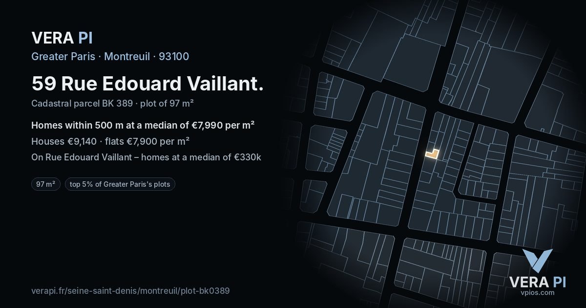 59 Rue Edouard Vaillant, Montreuil at night – the plot lit, the parcels around coloured by the prices near them