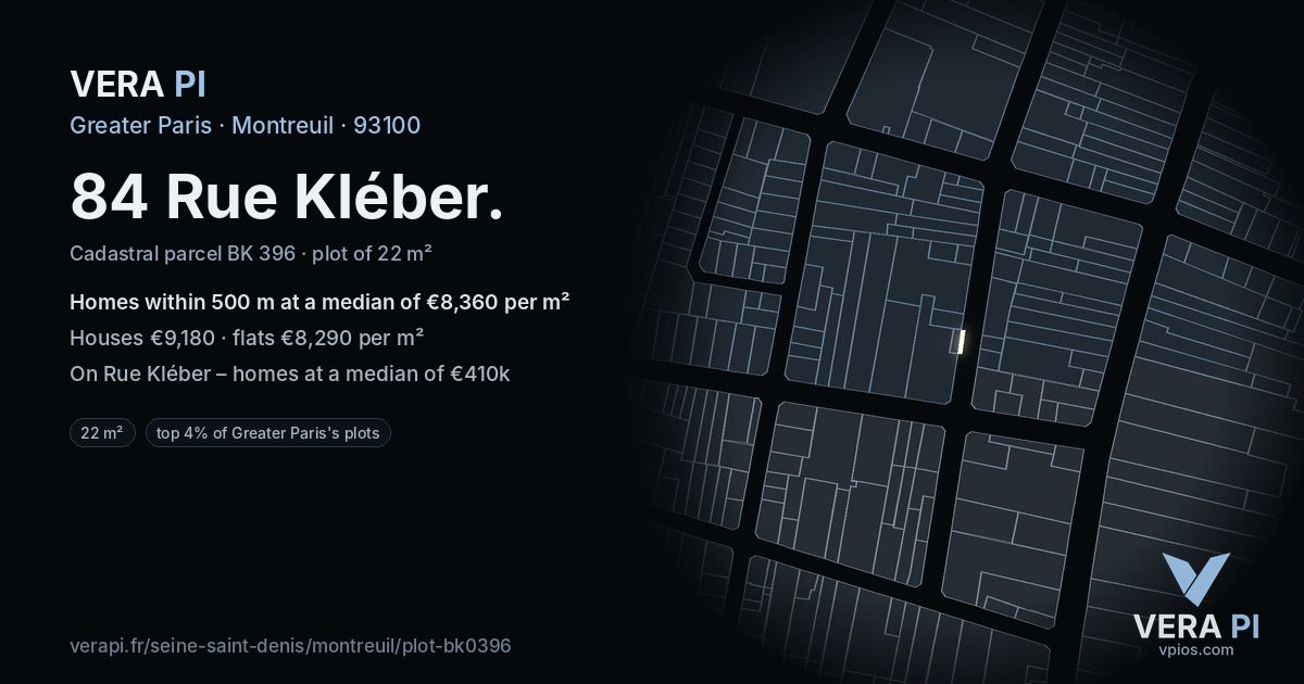 84 Rue Kléber, Montreuil at night – the plot lit, the parcels around coloured by the prices near them
