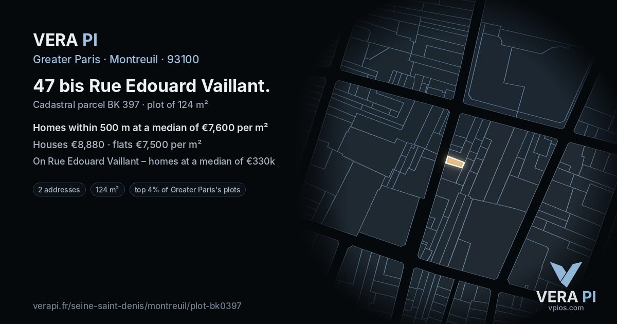 47 bis Rue Edouard Vaillant, Montreuil at night – the plot lit, the parcels around coloured by the prices near them
