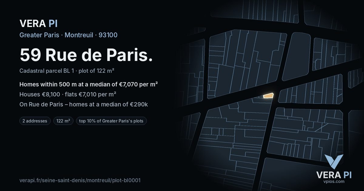 59 Rue de Paris, Montreuil at night – the plot lit, the parcels around coloured by the prices near them