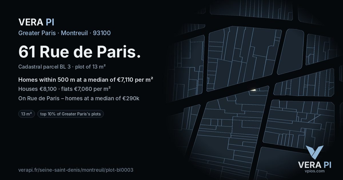 61 Rue de Paris, Montreuil at night – the plot lit, the parcels around coloured by the prices near them