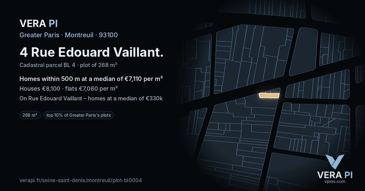 4 Rue Edouard Vaillant, Montreuil at night – the plot lit, the parcels around coloured by the prices near them